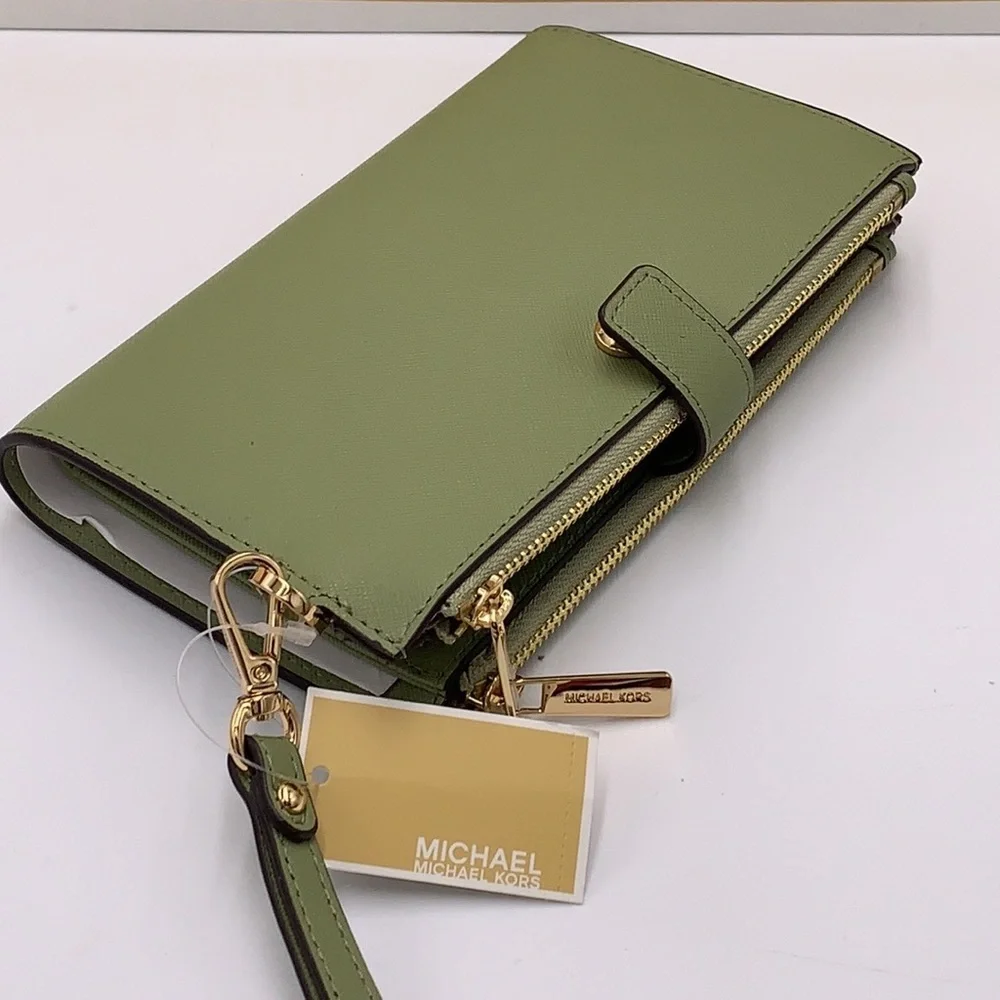 MICHAEL KORS LARGE DOUBLE ZIP WRISTLET WALLET LIGHT SAGE COLOR